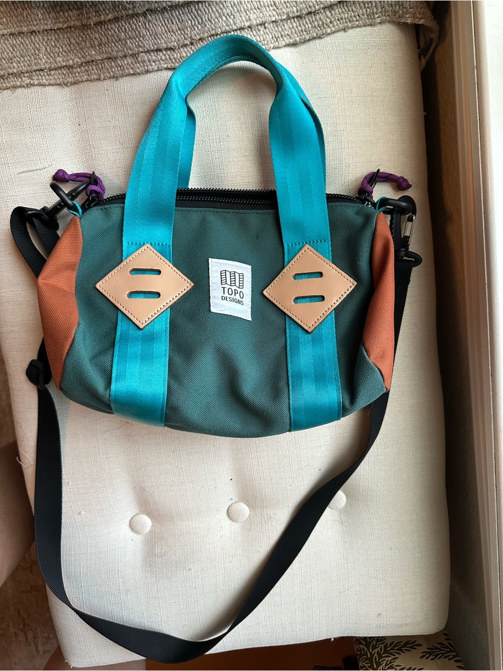 Topo Designs Teal Strap Olive Body Mini Messenger with Tan Accents
